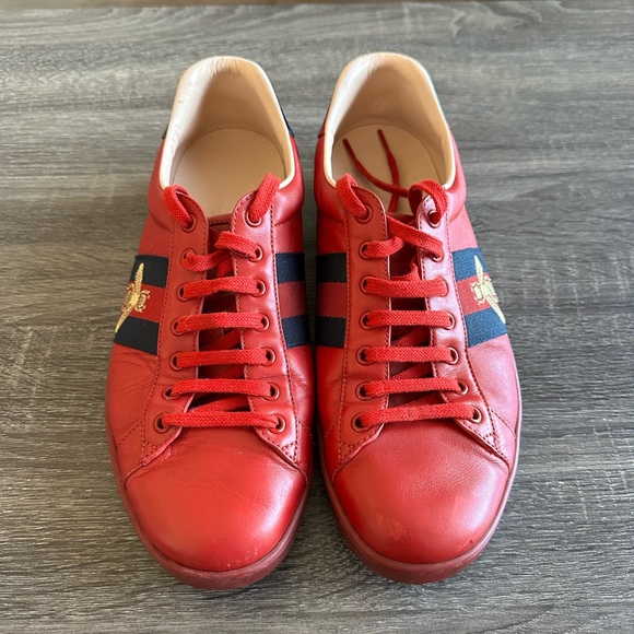 Gucci Shoes Mens Gucci Ace Embroidered Bee Red Lowtop Sneakers